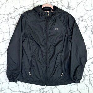 CALVIN KLEIN Hooded Windbreaker Jacket Men's S Black Elastic Wrists Multi-Zipper